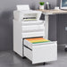 Giga contemporary 3-drawer metal filing cabinet with lock, office storage for legal and letter size documents, on wheels.
