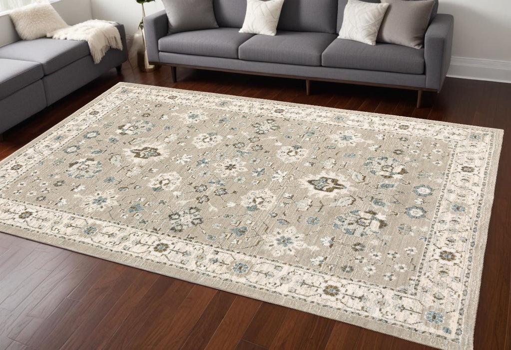 6.6' x 9.8' Oriental Power Loom Area Rug - Beige And Ivory
