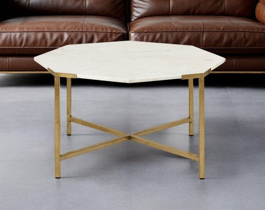 Genuine Marble And Metal Octagon Coffee Table - White And Gold