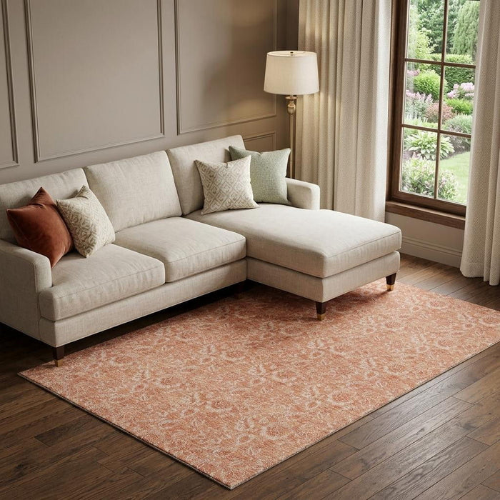 9' X 12' Floral Washable Area Rug With UV Protection (655149) - Salmon / Ivory