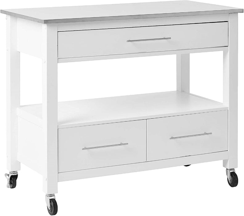 43" Rolling Kitchen Island With Storage - White / Silver