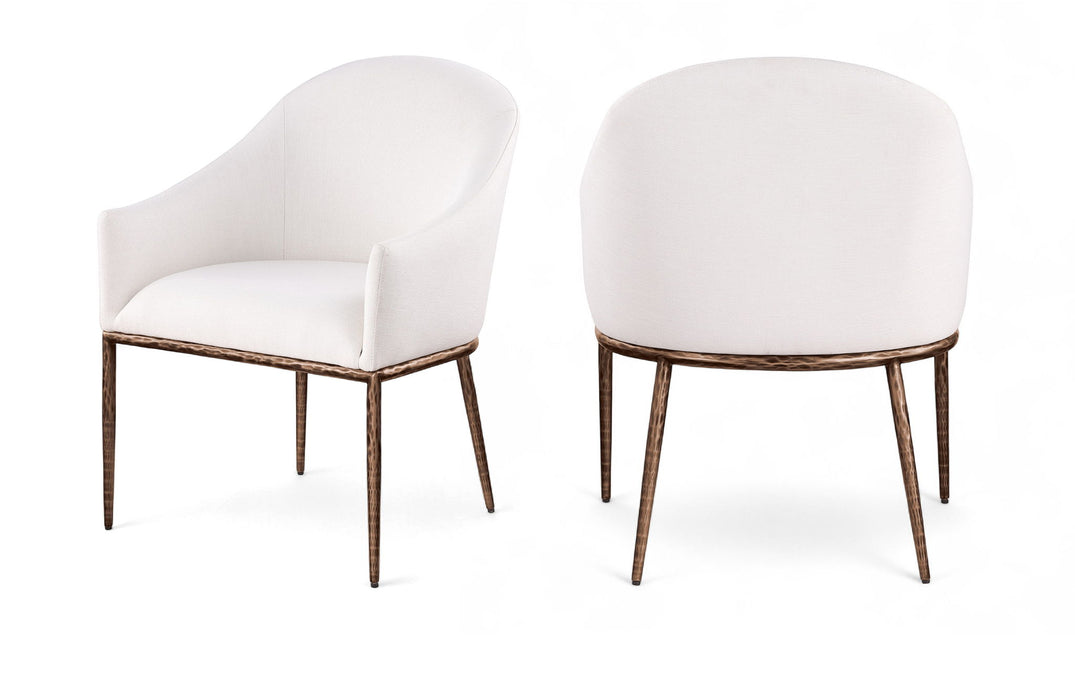 Ferro - Linen Textured Performance Fabric Upholstered Dining Arm Chair - Cream / Brushed Bronze
