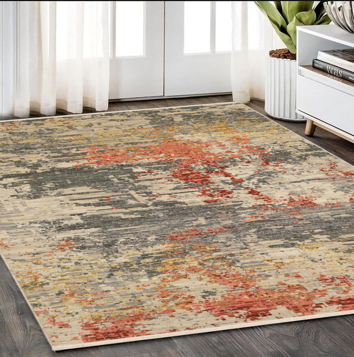 5' X 8' Abstract Area Rug With Fringe - Beige And Pink