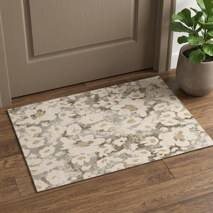 3' X 5' Floral Washable Area Rug With UV Protection (648167) - Khaki / Gray / Ivory