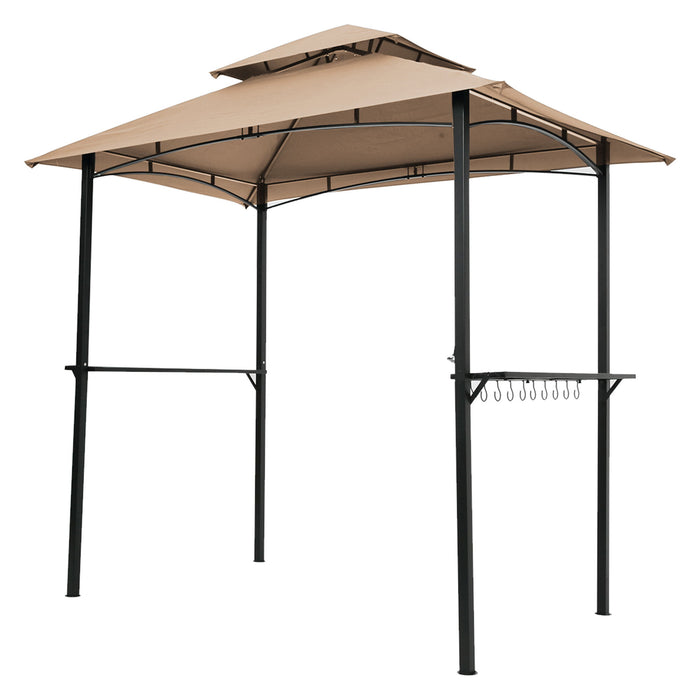 Giga outdoor grill gazebo with double-tier soft top canopy, steel frame, bar counters, and hooks for outdoor cooking and entertaining.