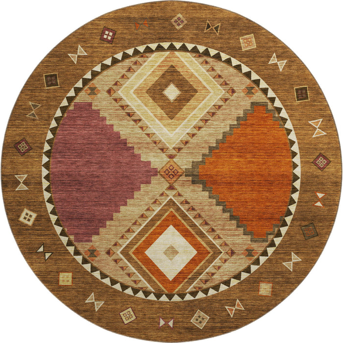 8' Southwest Geometric Washable Round Rug With UV Protection - Brown