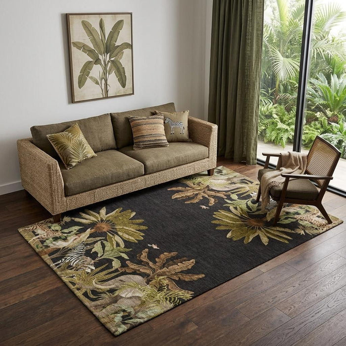 5' X 8' Tropical Botanical Distressed Washable Area Rug With UV Protection (646351) - Midnight / Brown / Olive Green