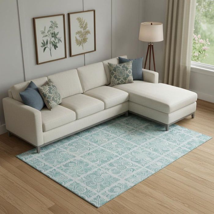 10' X 14' Medallion Washable Area Rug With UV Protection (667807) - Turquoise / Ivory