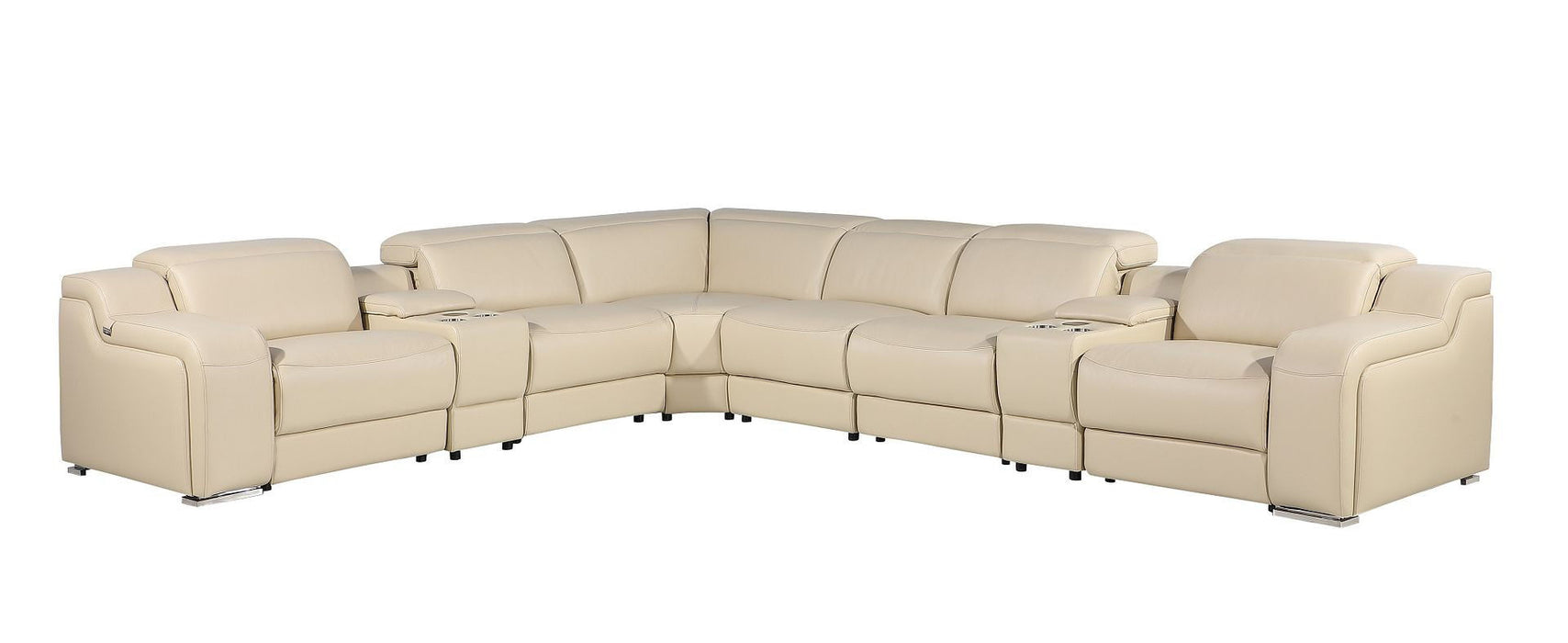 Italian Leather Power Reclining Curved Seven Piece Corner Sectional With Console - Beige