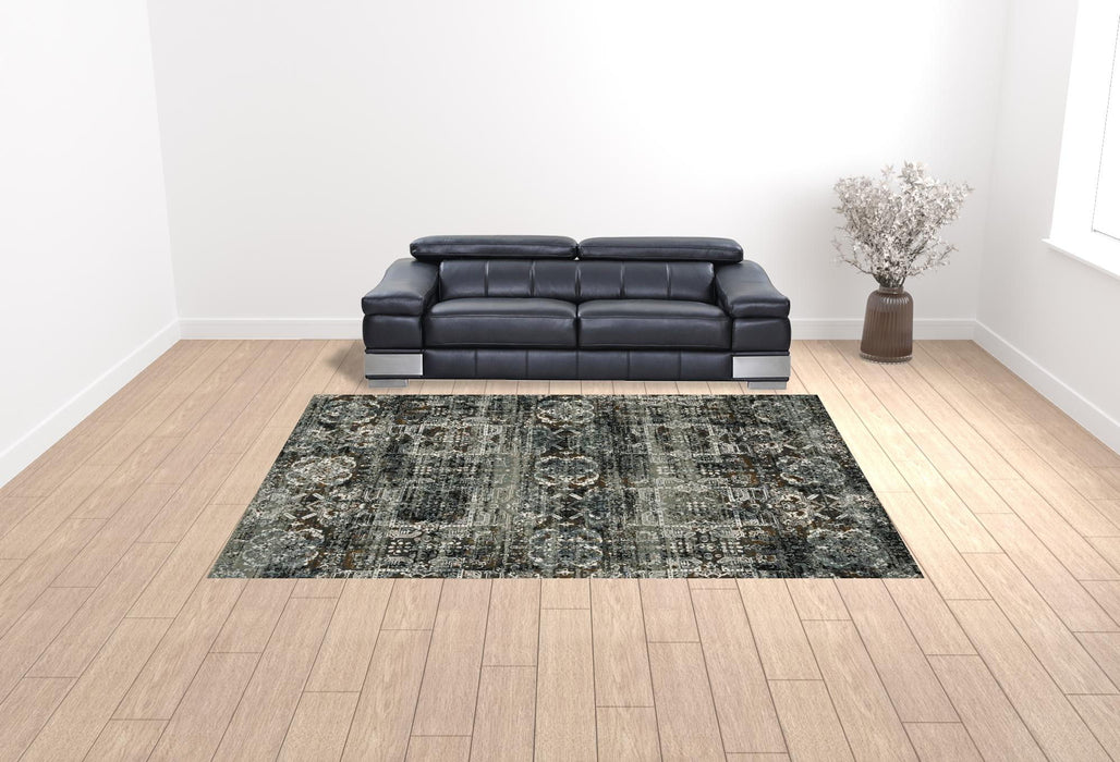 10' x 13' Oriental Power Loom Stain Resistant Area Rug - Ivory Charcoal Gray Blue Rust Gold And Brown