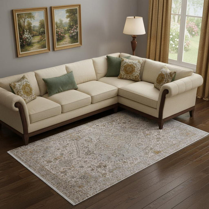 11' X 14' Oriental Area Rug With Fringe (722073) - Ivory / Gray / Gold