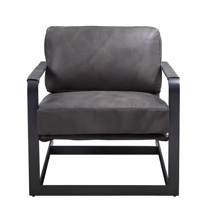 Black Top Grain Leather And Steel Solid Color Arm Chair - Gray