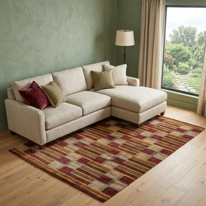 8' X 10' Striped Hand Knotted Area Rug (744328) - Gold / Green / Red