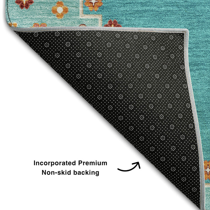 10' X 14' Oriental Washable Area Rug With UV Protection (679606) - Teal / Salmon / Beige