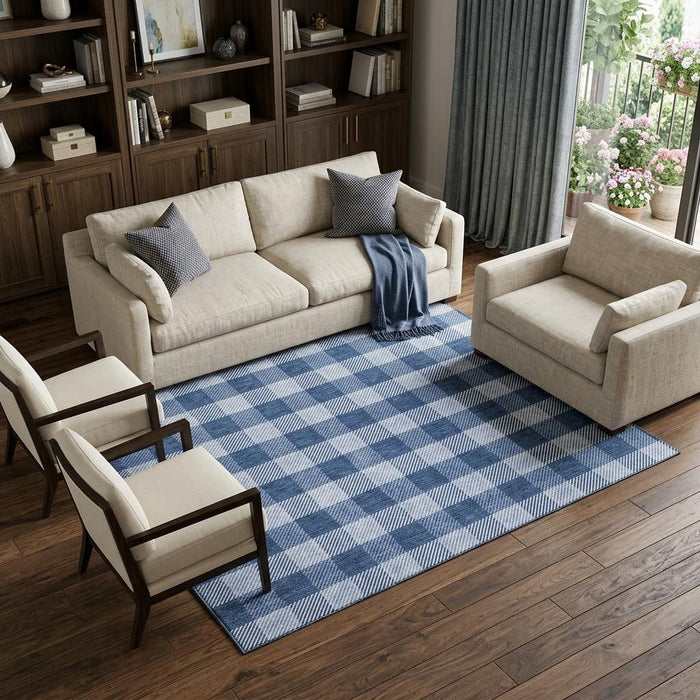 10' X 14' Plaid Washable Area Rug With UV Protection (673483) - Navy Blue / Ivory