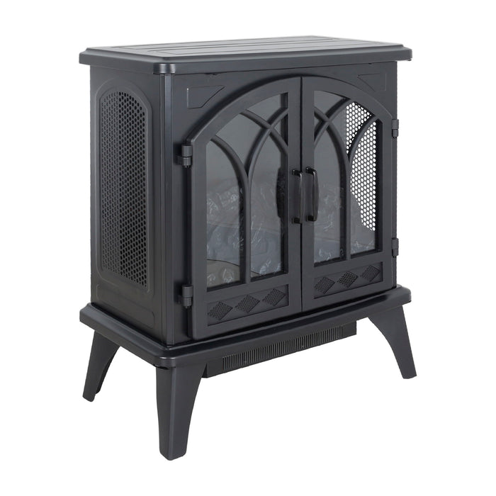 Giga 24-inch 3D flame electric infrared quartz fireplace stove in antique black with remote control, showcasing realistic flame effects.