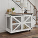 Giga mobile dog crate in brown and white with flip top feeding door, dual access, and 5 caster system with locking wheels.