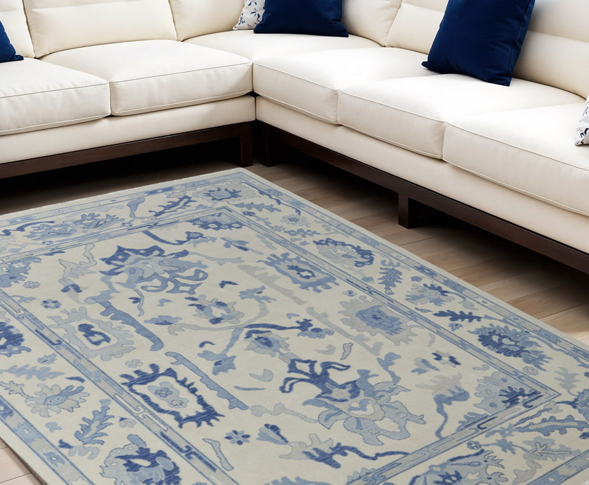 9' X 13' Wool Floral Hand Knotted Area Rug With Fringe - Ivory And Blue