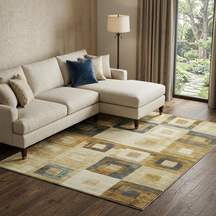 10' X 14' Geometric Washable Area Rug With UV Protection (686663) - Beige / Teal / Gold