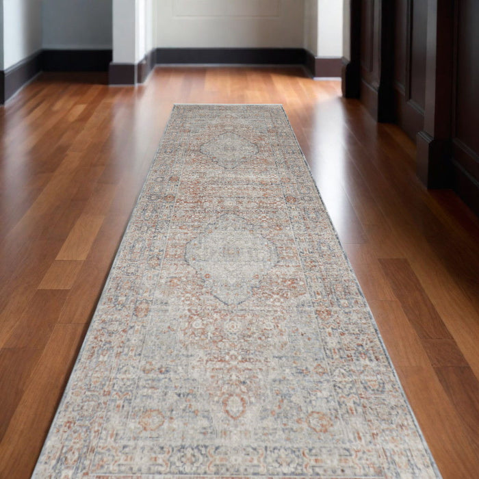 12' Oriental Power Loom Worn Faded Runner Rug With Fringe - Gray Ivory And Orange