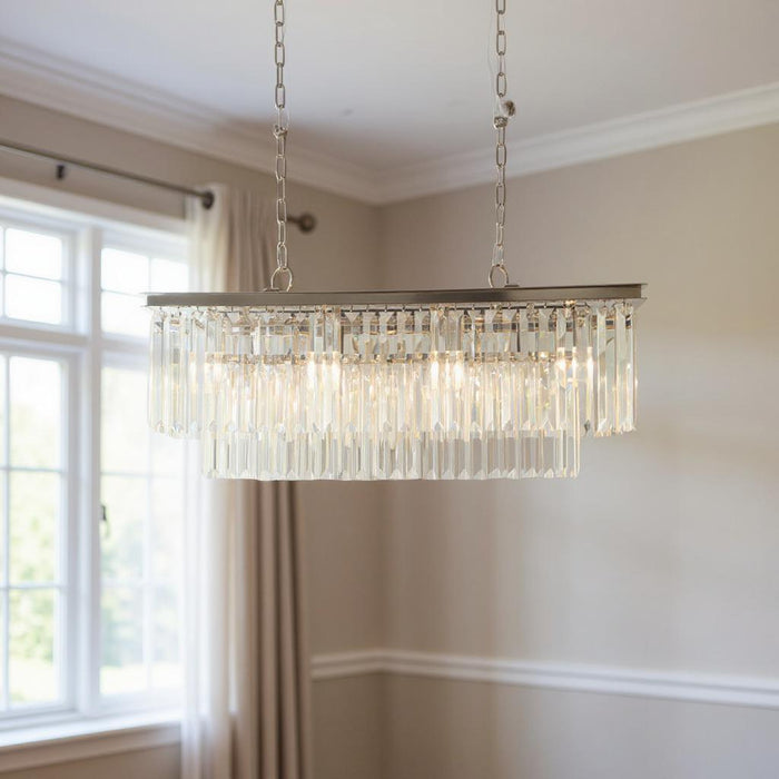 Black metal chandelier with eight crystal glass shades, modern statement lighting fixture by HomeRoots