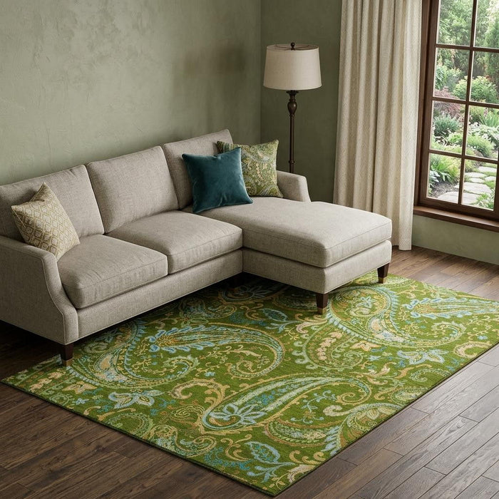10' X 14' Paisley Washable Area Rug With UV Protection (647974) - Green / Blue