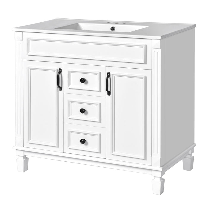 Giga bathroom vanity with top sink, basin on cabinet, two soft-closing doors and two drawers in a modern bathroom setting