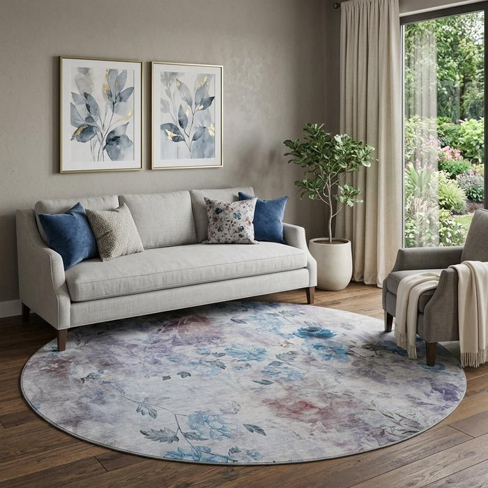8' Floral Washable Round Rug With UV Protection (657698) - Blue / Blush / Ivory
