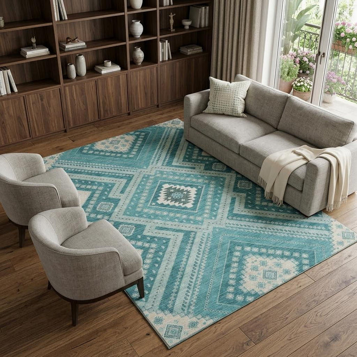 10' X 14' Tribal Washable Area Rug With UV Protection (679318) - Teal / Beige / Aqua