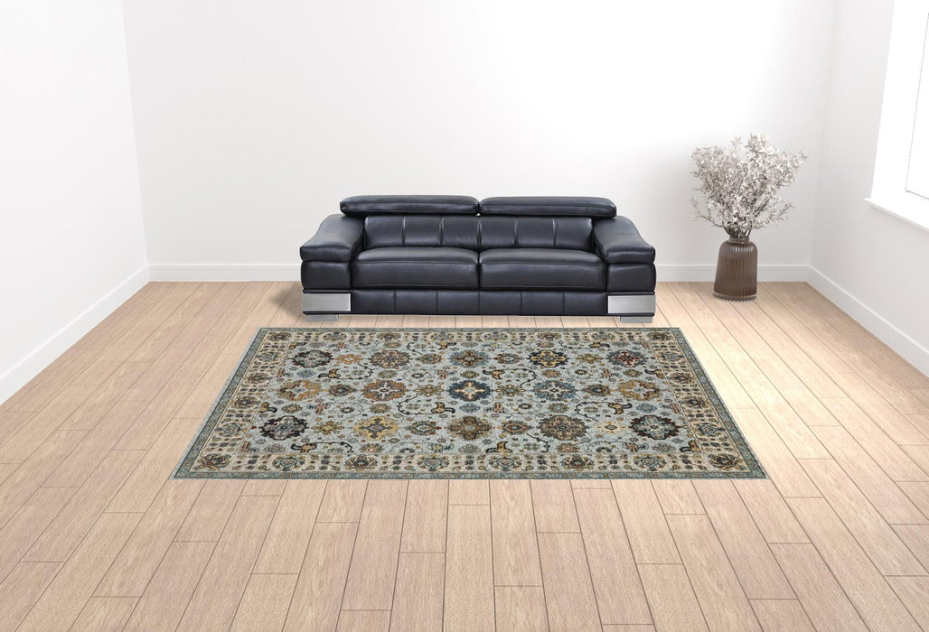 10' x 13' Oriental Power Loom Stain Resistant Area Rug With Fringe - Blue Beige Gray Green Yellow And Rust