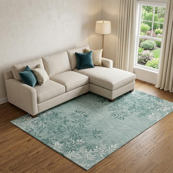 10' X 14' Floral Washable Area Rug With UV Protection (655674) - Sage / Ivory