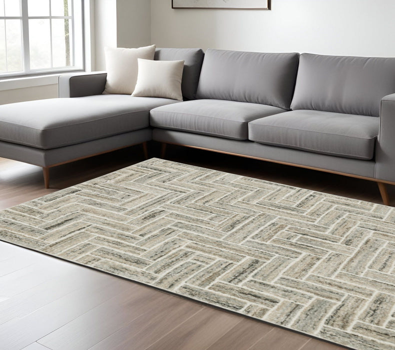 6' x 9' Geometric Power Loom Stain Resistant Area Rug - Ivory Beige Gray Brown Pale Blue And Charcoal