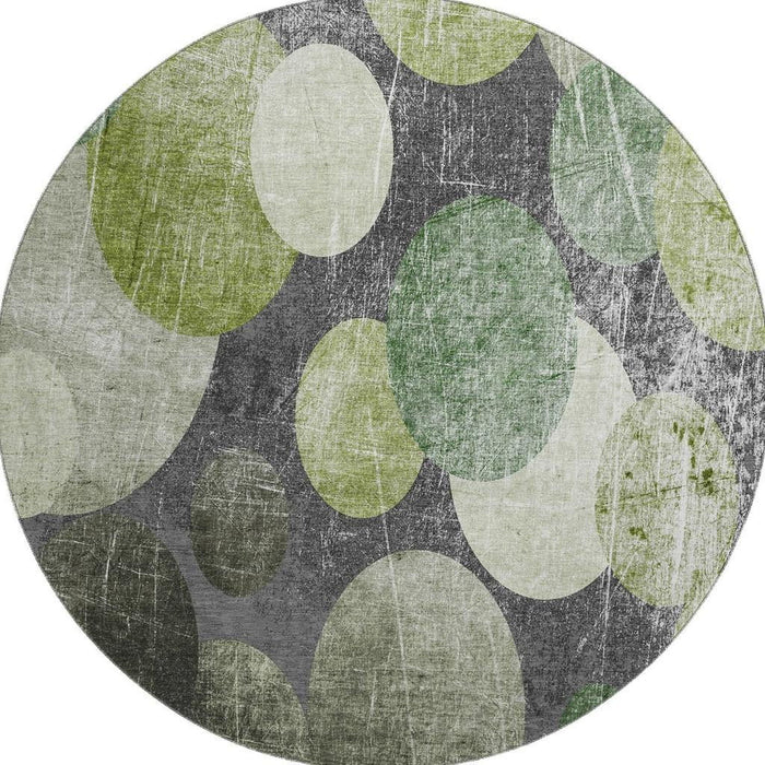 8' Abstract Washable Round Rug With UV Protection (648907) - Green / Ivory / Gray