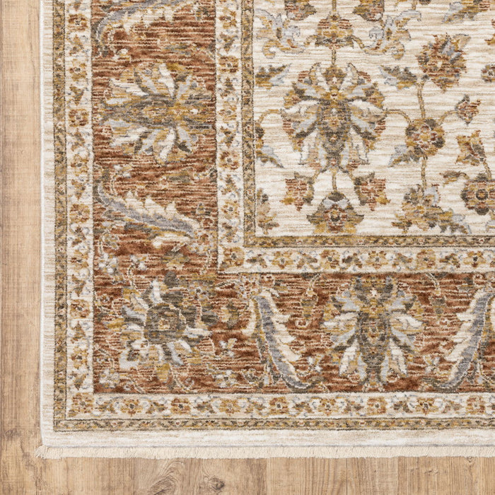 10' x 13' Oriental Power Loom Stain Resistant Area Rug With Fringe - Rust And Ivory