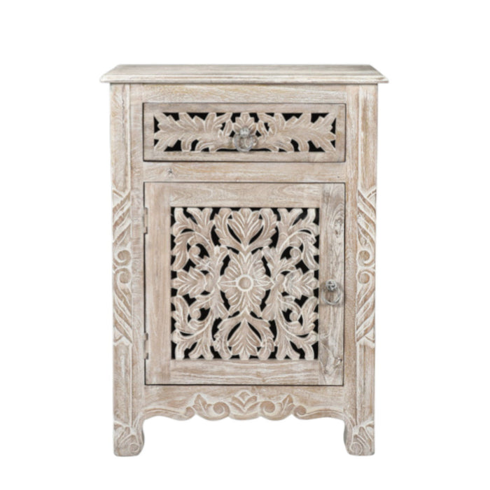 One Drawer Floral Carved Solid Wood Nightstand - Distressed White