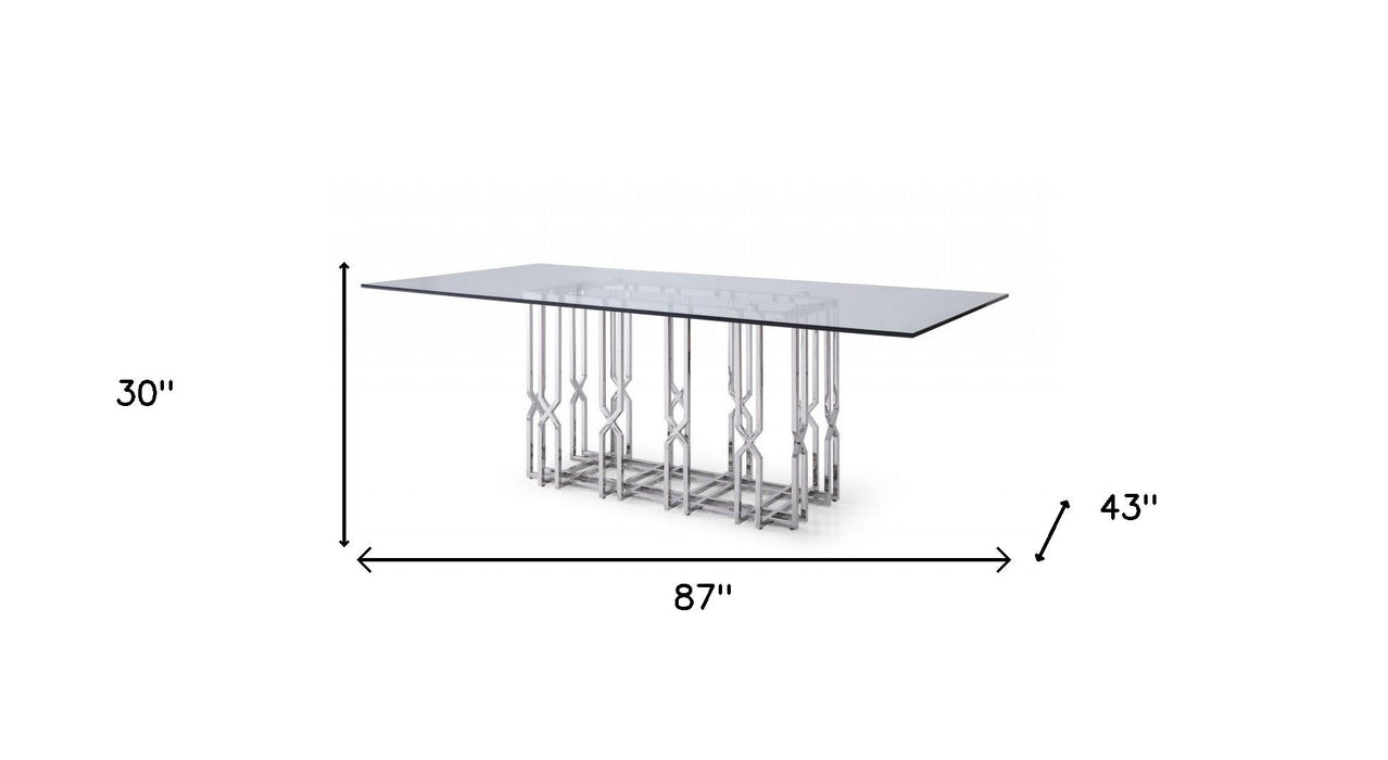 87" Glass And Stainless Steel Pedestal Base Dining Table - Clear