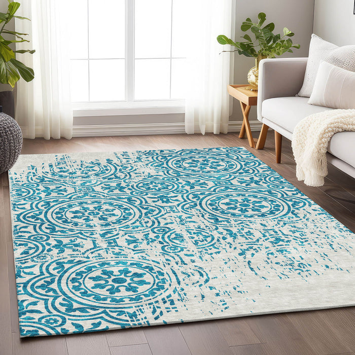10' X 14' Medallion Washable Area Rug With UV Protection - Teal / Ivory