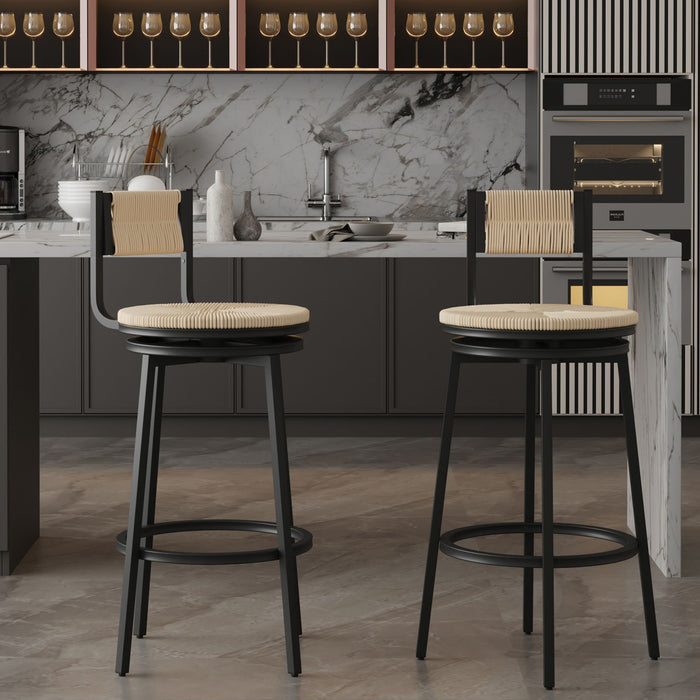 Set of two Giga swivel bar stools with metal frames and hand-woven paper rope seats, ideal for kitchen counters or dining areas.