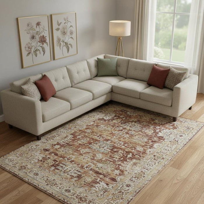 8' X 10' Floral Medallion Distressed Area Rug (550818) - Rust / Ivory / Blue