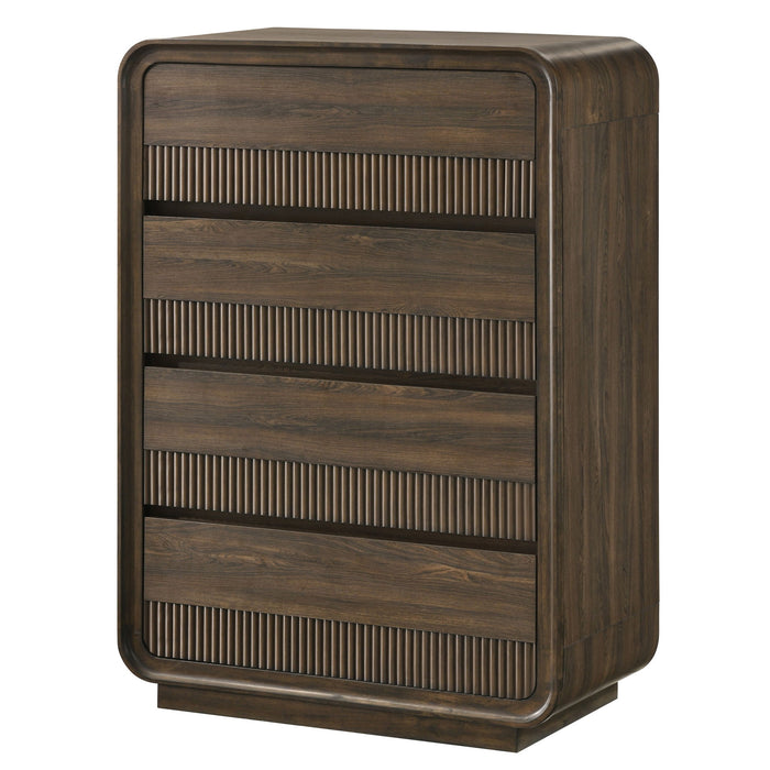 Giga Flair rounded edges brown accent chest with 1-piece top and 5 drawers, bedroom storage furniture, natural wood finish