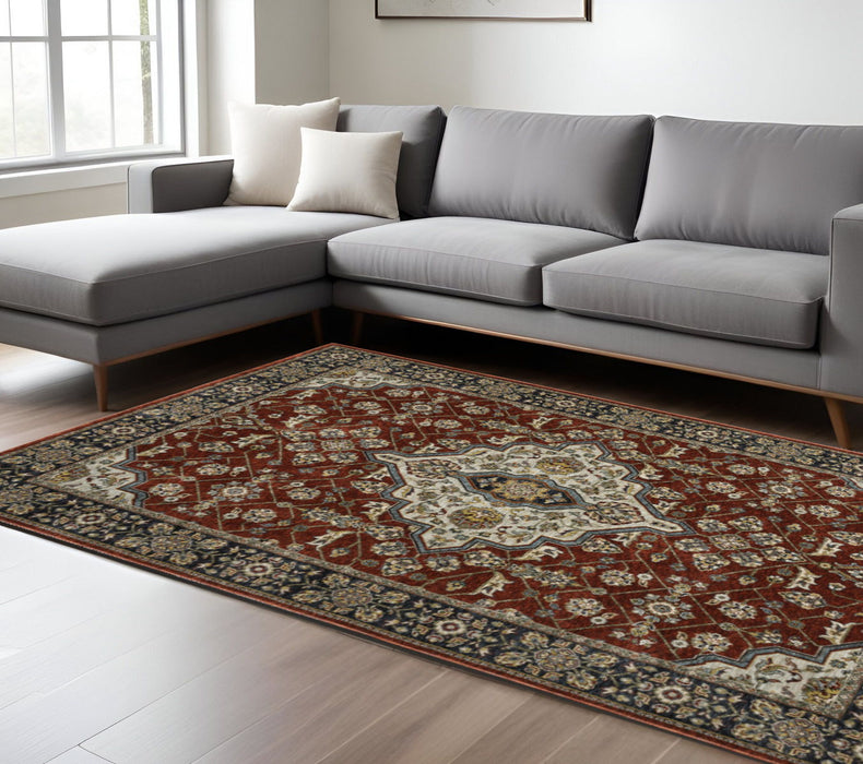 7.9' x 11.2' Oriental Power Loom Area Rug With Fringe - Red And Ivory