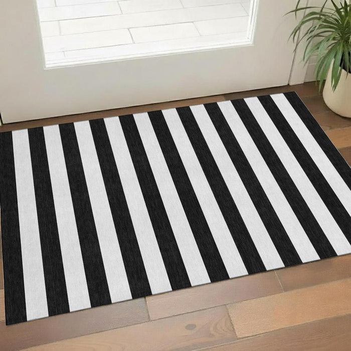 3' X 5' Striped Washable Area Rug With UV Protection (647561) - Black / Ivory