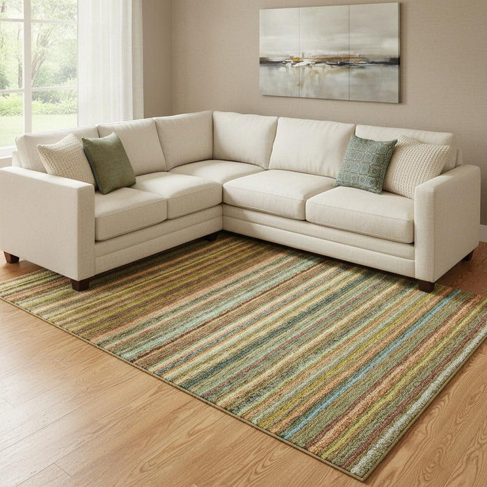 10' X 14' Striped Washable Area Rug With UV Protection (650788) - Coral / Green / Blue