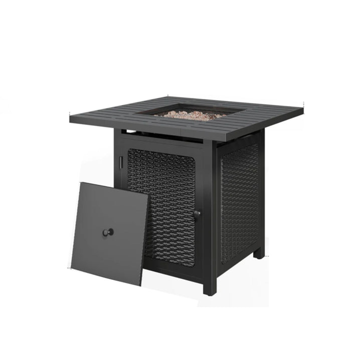 Giga outdoor 2-in-1 propane fire pit table with dual burners, lava rocks, waterproof cover, black finish, and modern design.