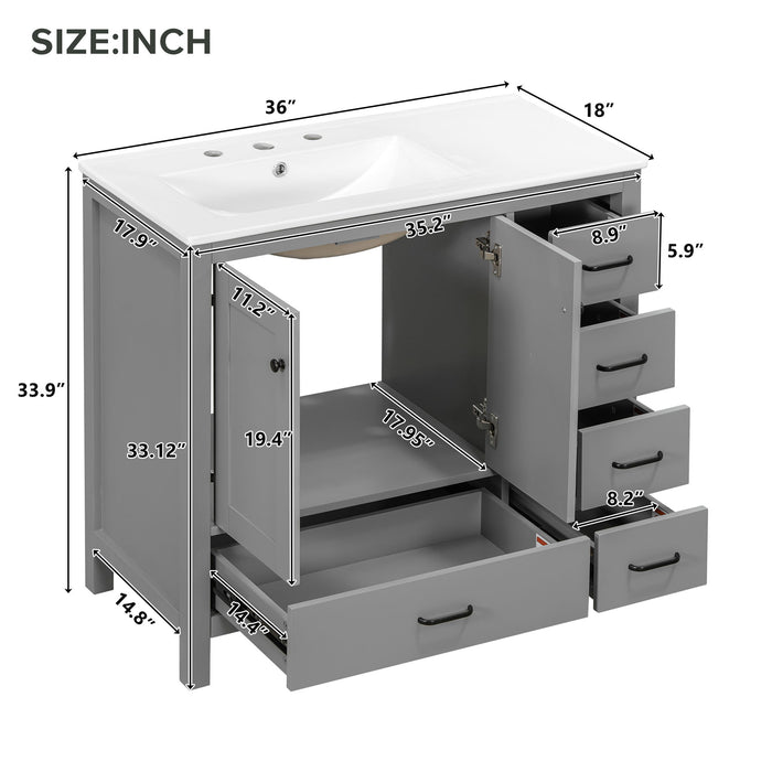 Giga bathroom vanity with ceramic sink, spacious storage cabinet, 2 soft-close doors, and 5 drawers for modern bathroom storage.