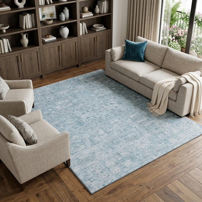 10' X 14' Floral Washable Area Rug With UV Protection (651208) - Sky Blue / Ivory