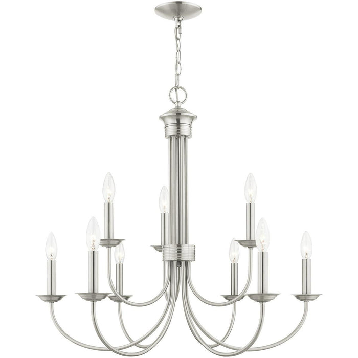 27" Nine Light Dimmable Chandelier With Shades - Nickel