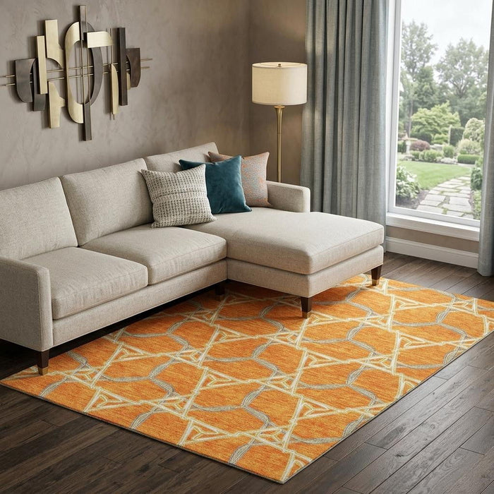 10' X 14' Geometric Washable Area Rug With UV Protection (676014) - Orange / Ivory / Blue