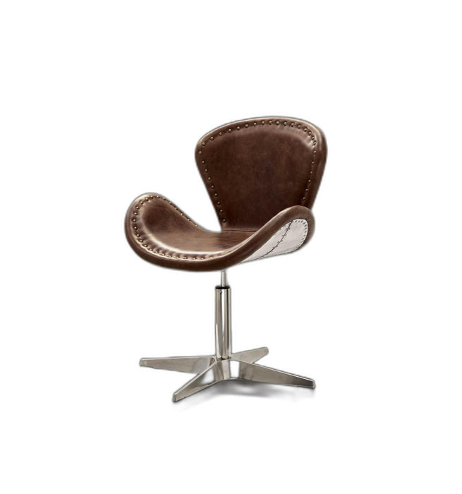 Faux Leather Distressed Swivel Arm Chair - Brown And Silver