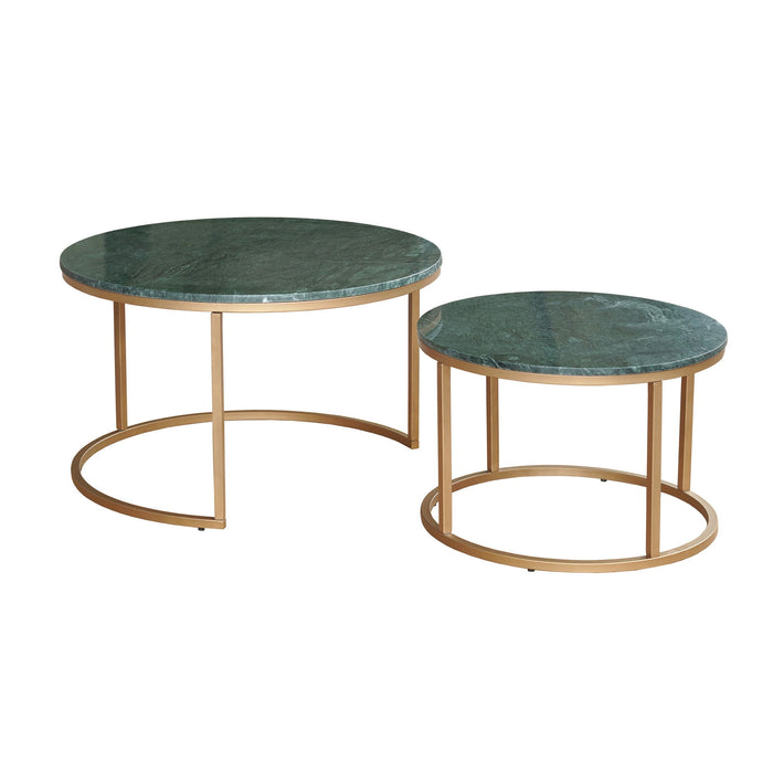 Genuine Marble Iron Round Frame Nested Coffee Tables (Set of 2) - Green / Gold